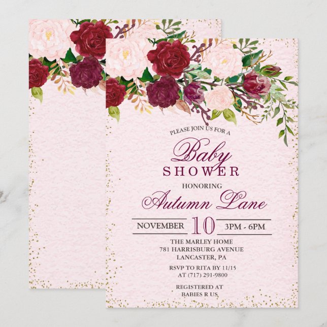 Invitación de Baby Shower Floral Rústica Borgoña (Anverso / Reverso)