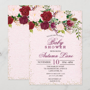 Invitación de Baby Shower Floral Rústica Borgoña