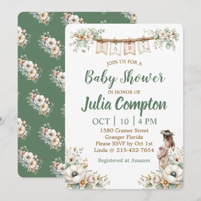 Invitación de Baby Shower Floral Rústico  (Anverso / Reverso)