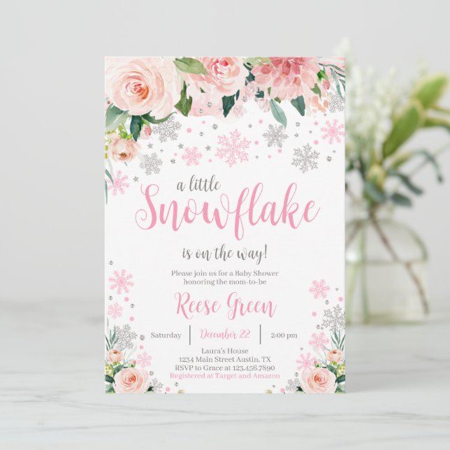 Invitación de Baby Shower Floral Snowflake (Anverso de pie)