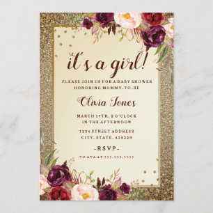 Invitación de Baby Shower Floral Sparkle Burgundy