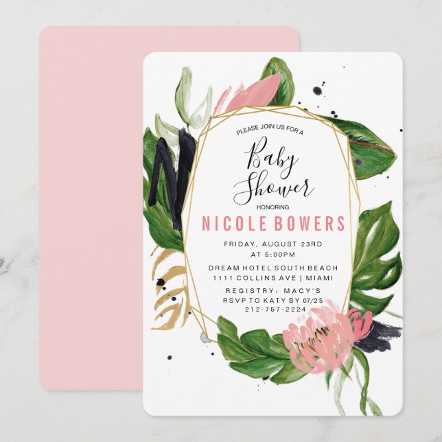 Invitación de Baby Shower Floral Tropical (Anverso / Reverso)