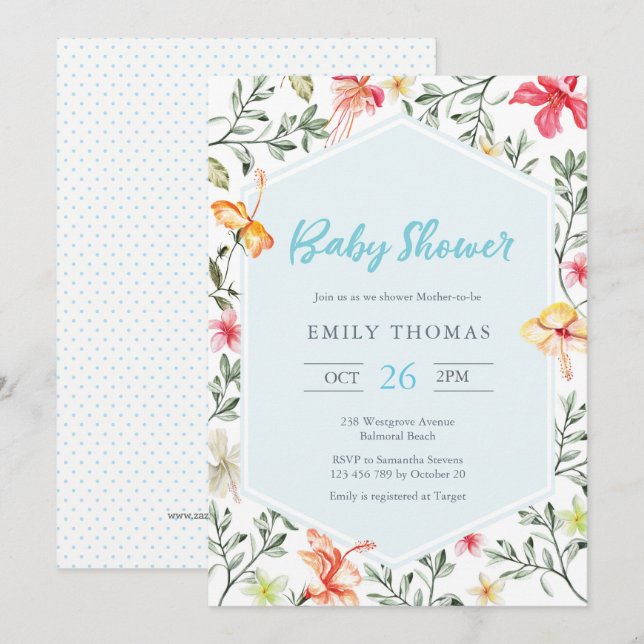 Invitación de Baby Shower floral tropical hawaiana (Anverso / Reverso)