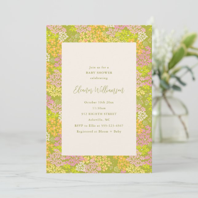 Invitación de baby shower floral verde lima de pri (Anverso de pie)