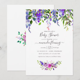 Invitación de baby shower floral violeta acuarela