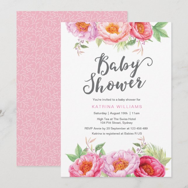 invitación de Baby Shower | Flores acuáticas de Pe (Anverso / Reverso)