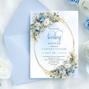 Invitación de Baby Shower Flores Azul Polvoriento 
