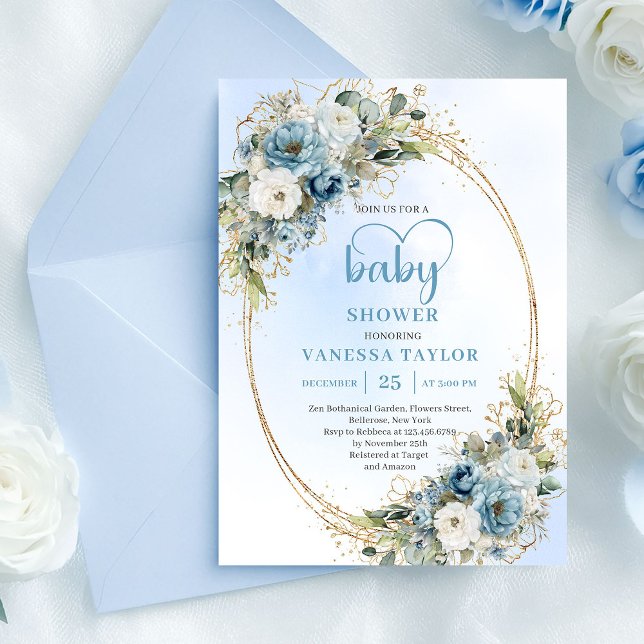 Invitación de Baby Shower Flores Azules Polvorient (Elegant Dusty Blue Flowers Gold Baby Shower Invite

)