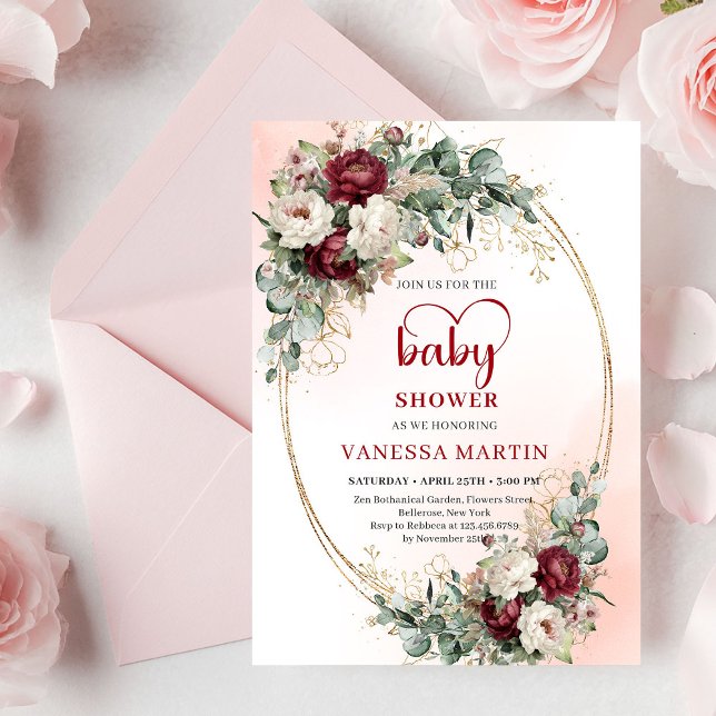 Invitación de Baby Shower Flores Chic Marsala (Chic Marsala Flowers Baby Shower Invitation)