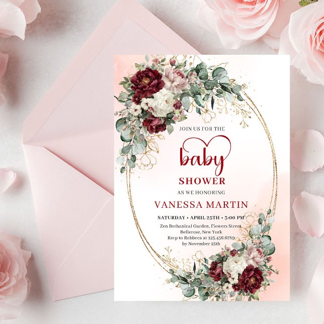 Invitación de Baby Shower Flores Chic Marsala Euca (Chic Marsala Flowers Eucalyptus Baby Shower Invitation)