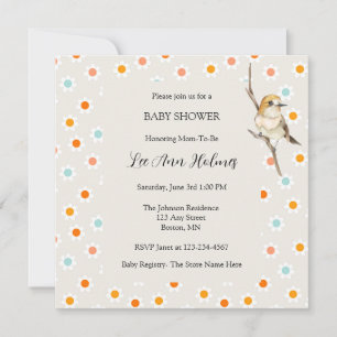 Invitación de Baby Shower Flores Pequeñas Pájaro B