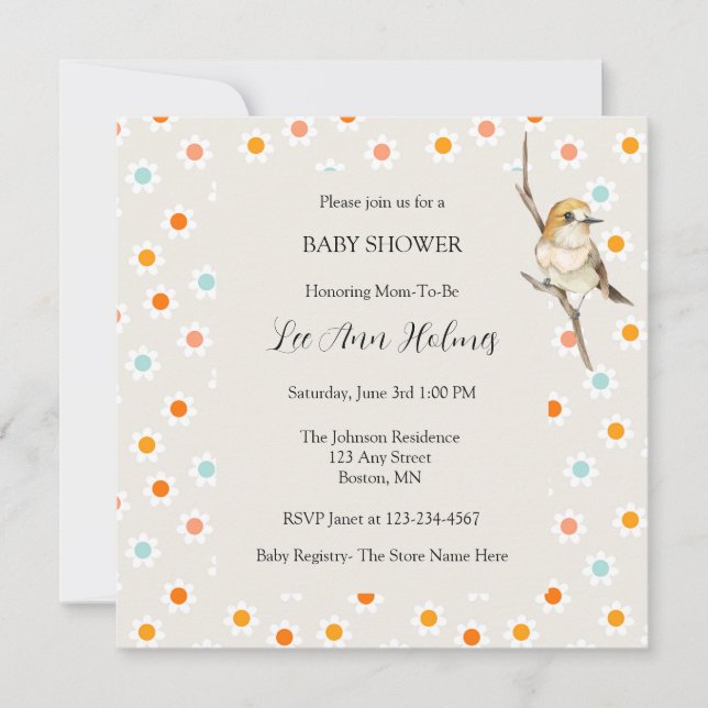Invitación de Baby Shower Flores Pequeñas Pájaro B (Anverso)