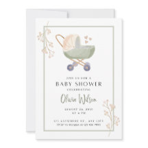 invitación de baby shower flores verdes cochecito