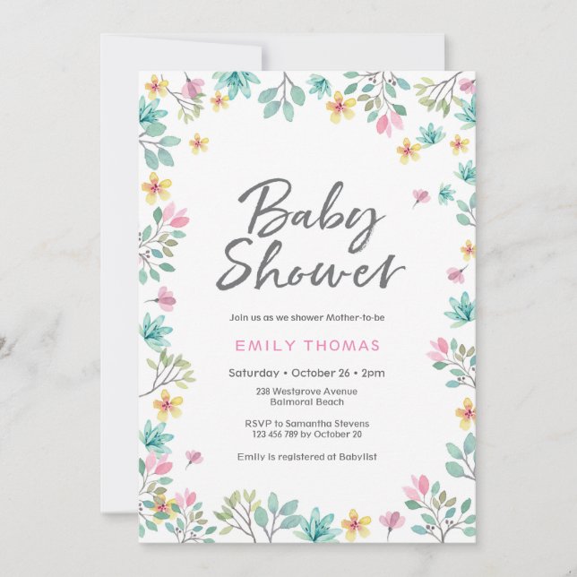 Invitación de Baby Shower | floros de acuarela ros (Anverso)