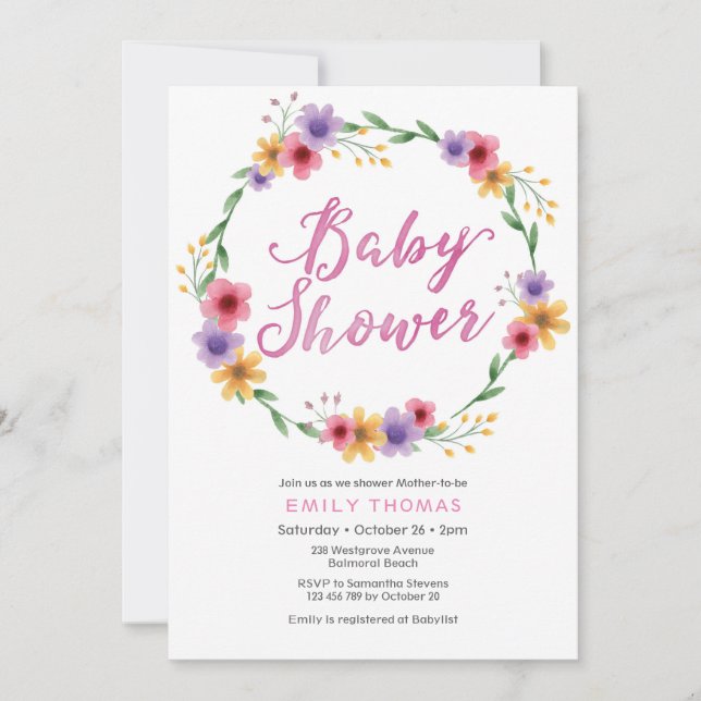 Invitación de Baby Shower | floros de acuarela ros (Anverso)