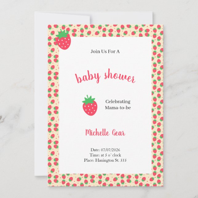 Invitación de Baby Shower Fresa Dulce (Anverso)