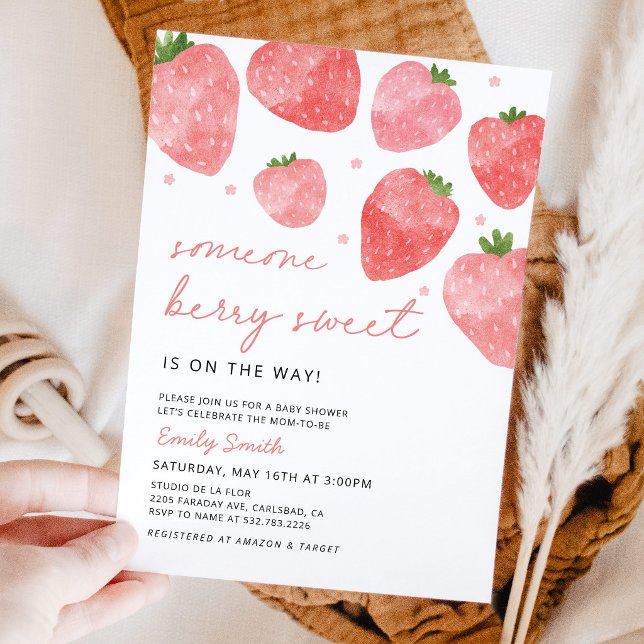 Invitación de Baby Shower Fresa Dulce de Frutas (Strawberry Baby Shower Invitation, Berry Sweet Baby Shower Invite, Pink Watercolor Strawberry Party)