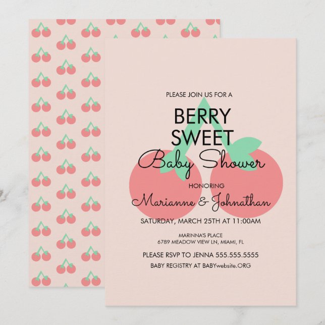 Invitación de Baby Shower Frutas Cerezas Dulces Ro (Anverso / Reverso)