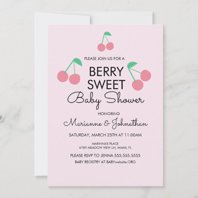 Invitación de Baby Shower Frutas Cerezas Rosadas R (Anverso)