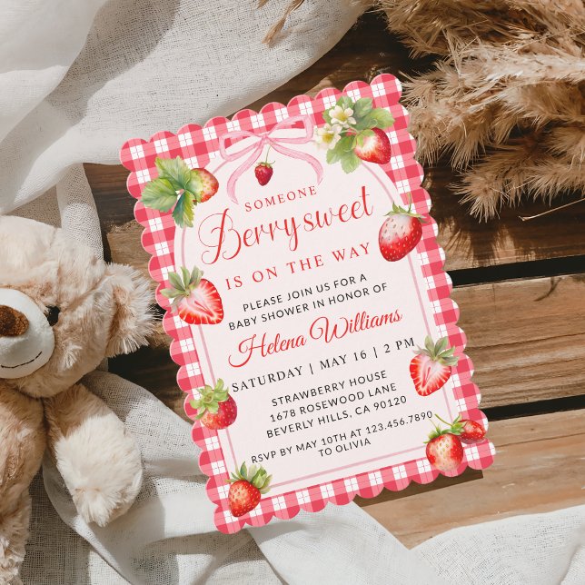 Invitación de Baby Shower Gingham Coquette Berry B (Cute Red Gingham Straberries baby shower Invitation)