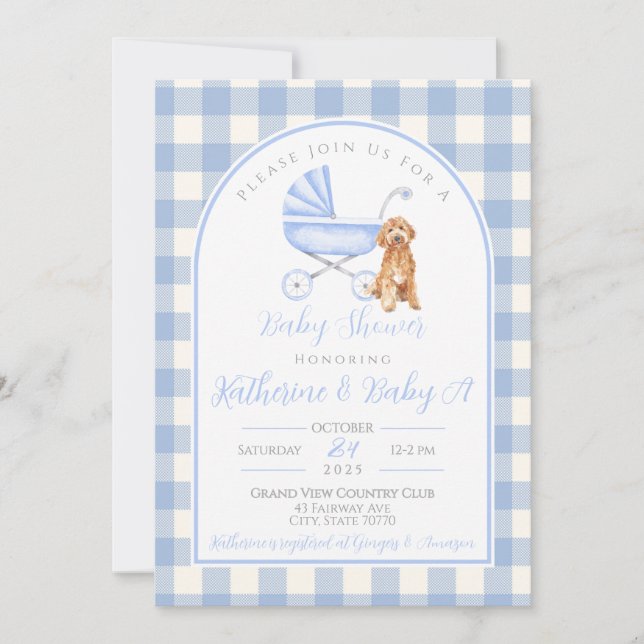 Invitación de Baby Shower Gingham de Puppy Dog Boy (Anverso)