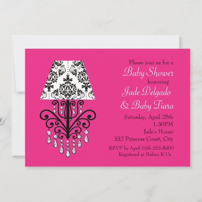 Invitación de Baby Shower Glam Chic Rosa y Damask (Anverso)