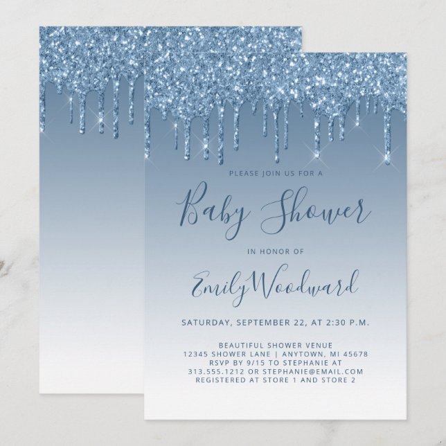 Invitación de Baby Shower Glitter Drip Azul (Anverso / Reverso)