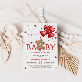 Invitación de Baby Shower Globos Corazón Oso Rojo