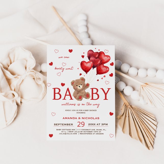 Invitación de Baby Shower Globos Corazón Oso Rojo (Subido por el creador)