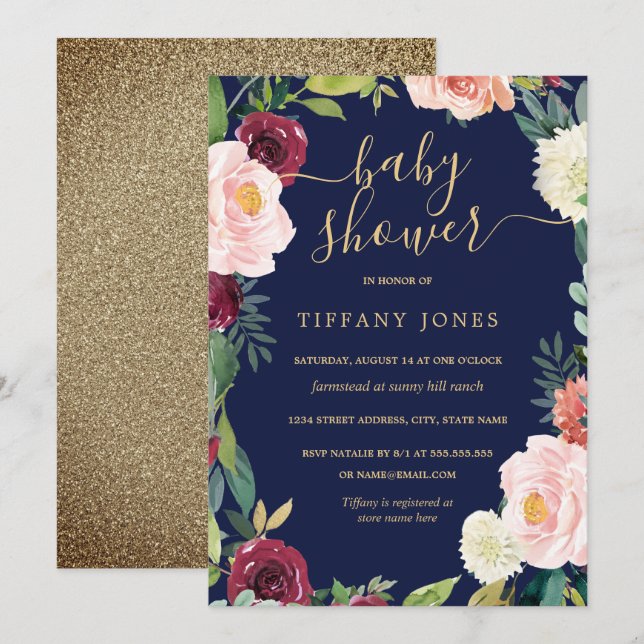 Invitación de Baby Shower Gold Blush Navy Floral (Anverso / Reverso)