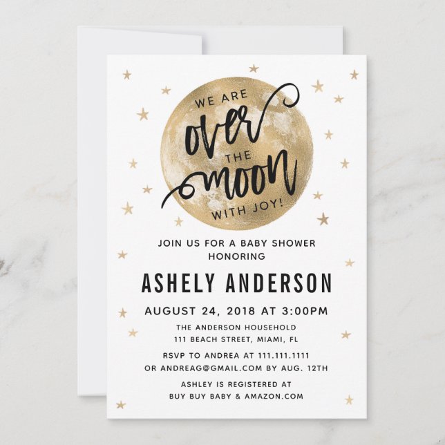 Invitación de Baby Shower Gold Over the Moon (Anverso)