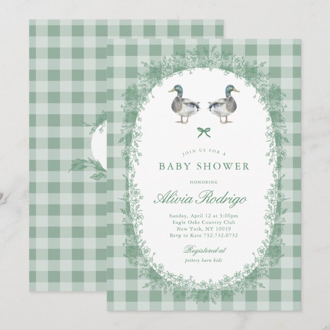 Invitación de Baby Shower Green Gingham Mallard Du (Anverso / Reverso)