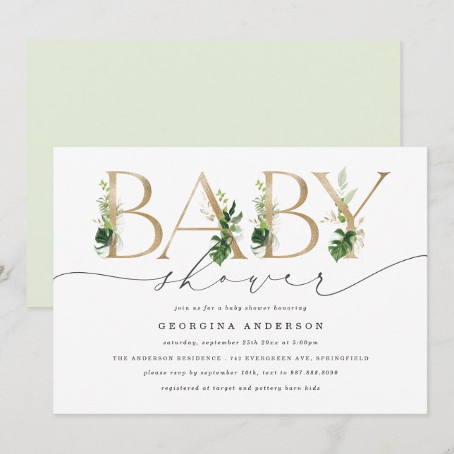 Invitación de Baby Shower Greenery (Anverso / Reverso)