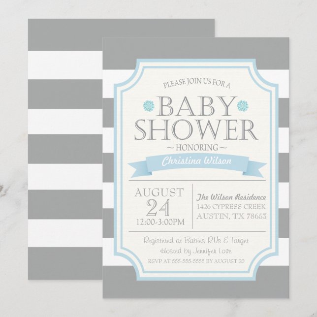 Invitación de Baby Shower gris y azul (Anverso / Reverso)