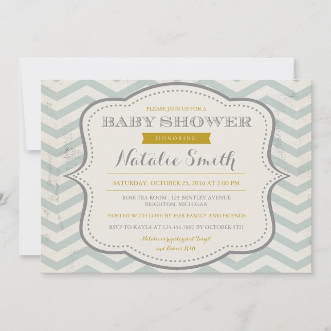 Invitación de Baby Shower gris y oro Verde azulado (Anverso)