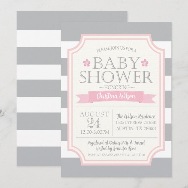 Invitación de Baby Shower gris y rosa (Anverso / Reverso)