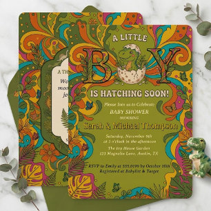 Invitación de Baby Shower Groovy Retro Dinosaurio 
