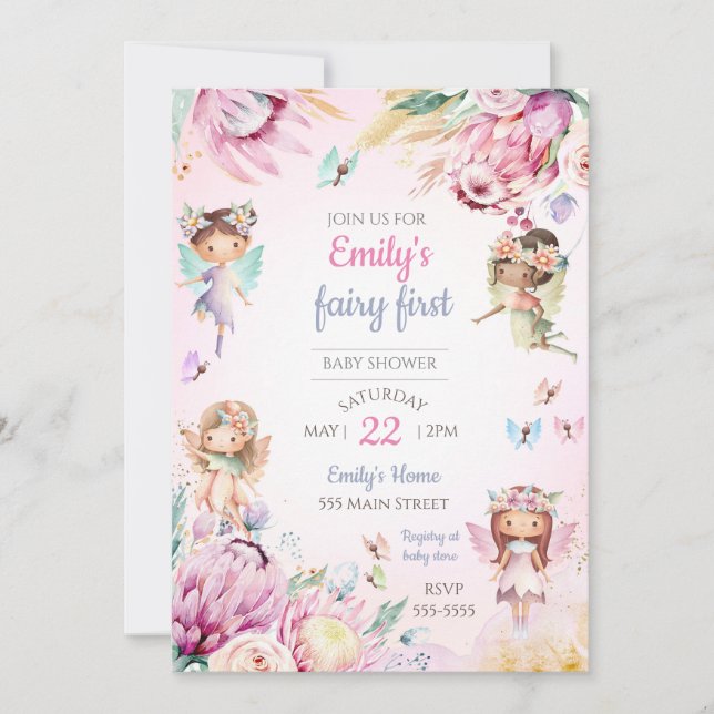 invitación de baby shower hada colores pastel (Anverso)