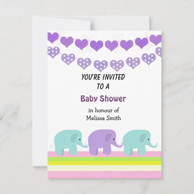 Invitación de Baby Shower Hearts and Elephants (Anverso)