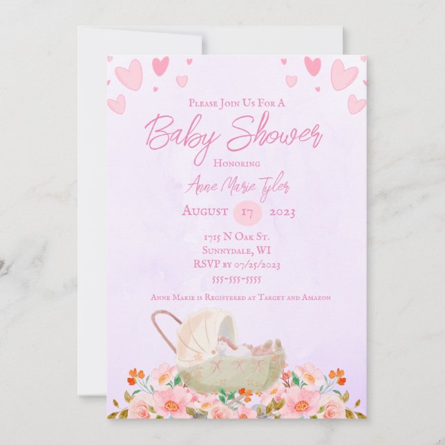 Invitación de Baby Shower Hearts and Flowers (Anverso)