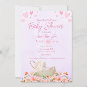 Invitación de Baby Shower Hearts and Flowers