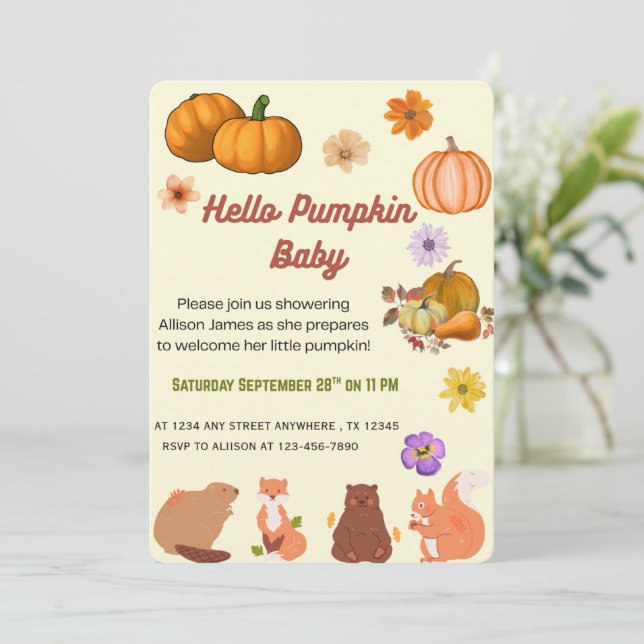 Invitación de Baby Shower 'Hola Bebé Calabaza'  (Anverso de pie)