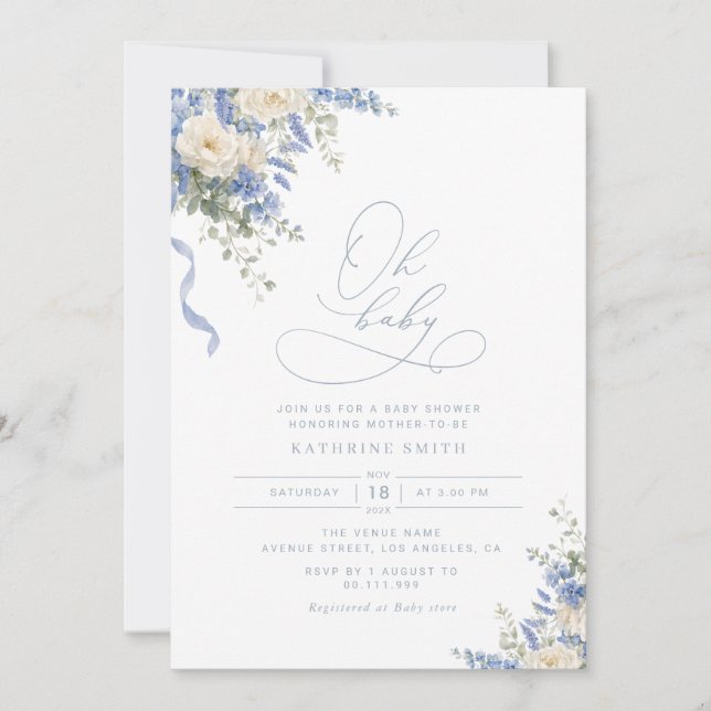 invitación de baby shower Hydrangea Dusty Blue (Anverso)