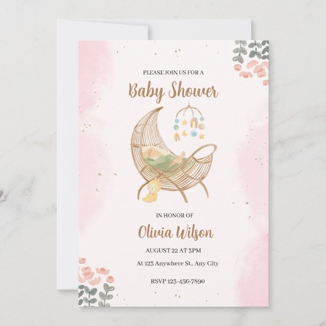 Invitación de Baby Shower ilustrativa rosa y marró (Anverso)