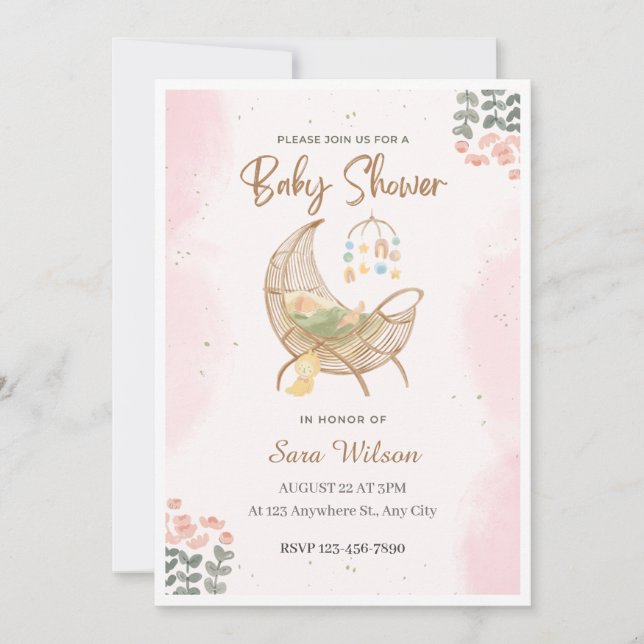 Invitación de Baby Shower ilustrativa rosa y marró (Anverso)