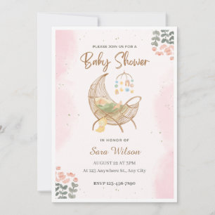 Invitación de Baby Shower ilustrativa rosa y marró