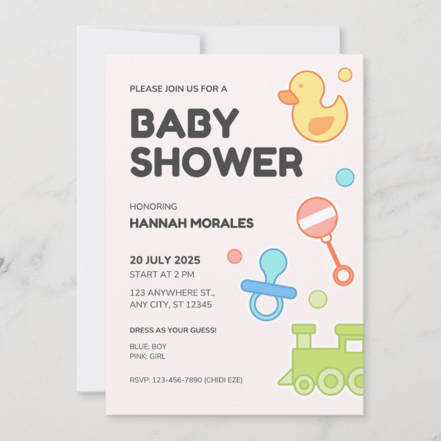Invitación de Baby Shower ilustrativa y lúdica bla (Anverso)