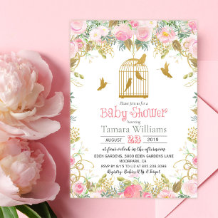 Invitación de Baby Shower Jaula de Pájaros Floral