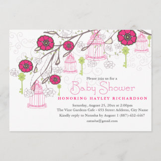 Invitación de baby shower Jaula de Pájaros Rosa y