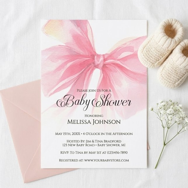Invitación de baby shower lazo rosa Coquette (Coquette Pink Bow Baby Shower Invitation)
